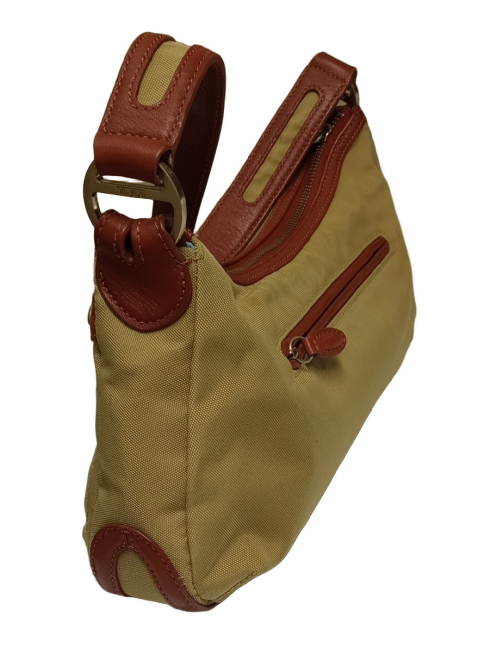 TUMI TAN BALLISTIC NYLON SHOULDER BAG WITH BROWN LEATHER TRIM - Picture 8 of 16
